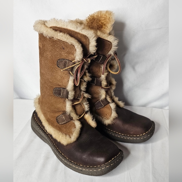 Born Two Tone Telly Leather Suede Shearling Brown Boots 7 / 38 Lace Up - Picture 2 of 13